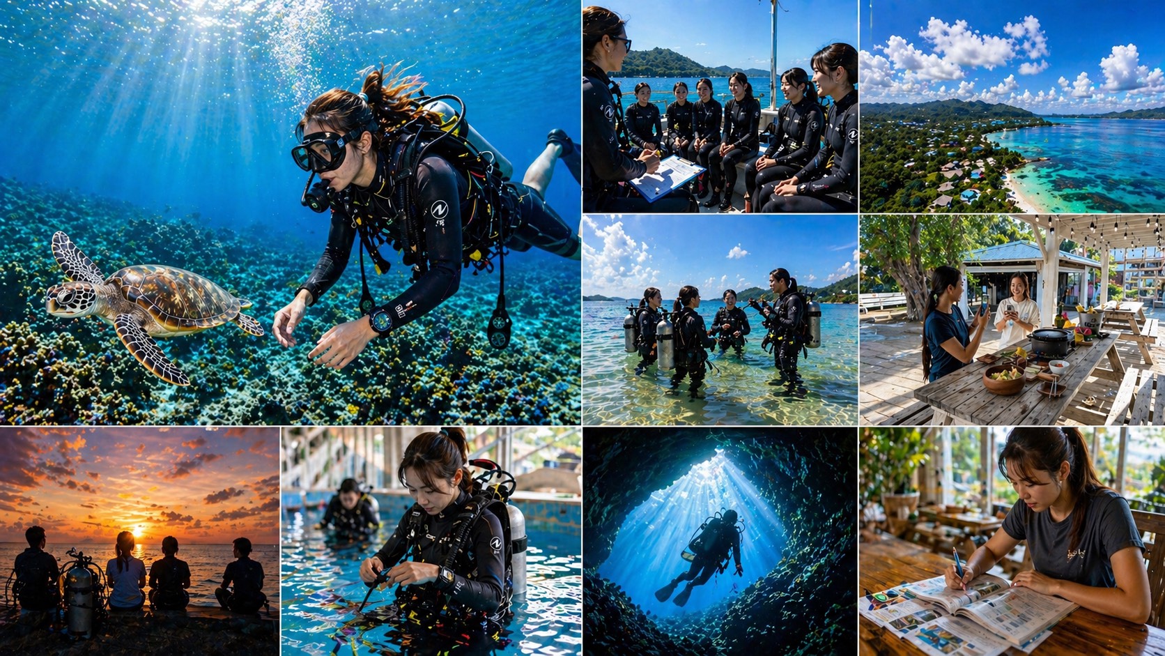 ダイバーへの道のりを伝える写真コラージュ。海中実習・プール講習・船上ブリーフィング・座学・仲間との時間などプロコースの学びと暮らしのイメージ